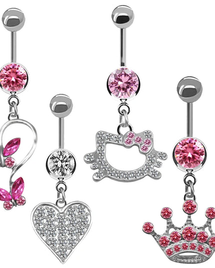 Belly Button Ring For Women Trendy Pink Butterfly Cute Cat Design Sexy Fashion Navel Rings Stainless Steel Piercing Jewelry