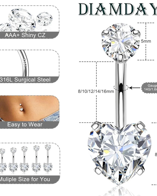 Bobisty Belly Button Rings 316L Surgical Steel Hypoallergenic Belly Button Rings Shiny CZ Belly Button Piercing Jewelry