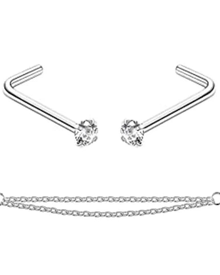 Nose Rings Chain Piercing Across Double with Chain Studs with Chain 20G Piercing Stud Nostril Jewelry for Women Men