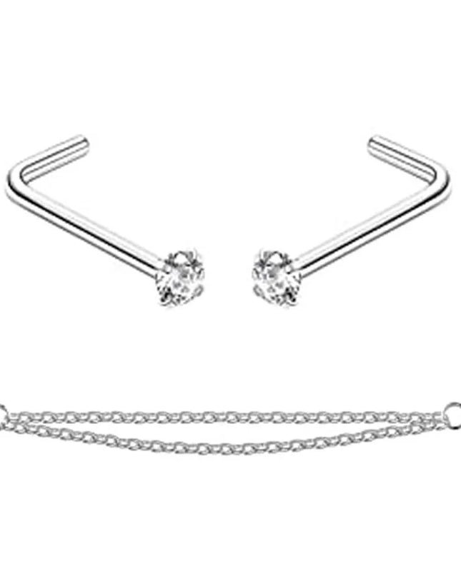 Nose Rings Chain Piercing Across Double with Chain Studs with Chain 20G Piercing Stud Nostril Jewelry for Women Men