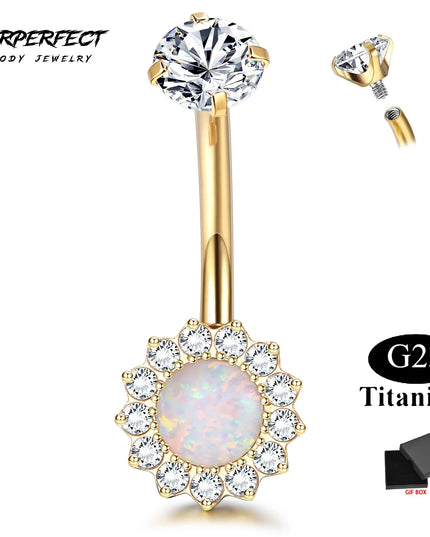 G23 Titanium Belly Button Ring for Women Cubic Zirconia Opal 14G Gold Plated Belly Ring Hypoallergenic for New Piercing With Box