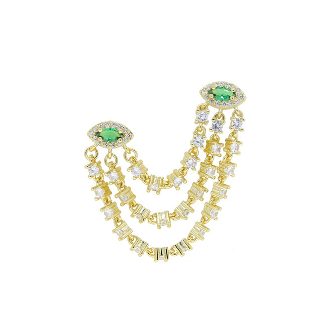Double Piercing CZ Tassel Chain Earring For Women Fashion Green Evil Eye Two Stud Elegant Female Jewelry