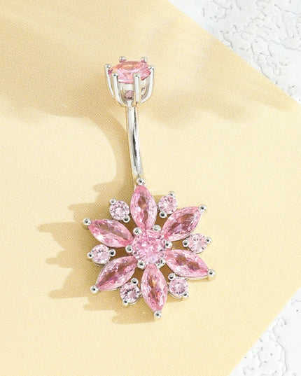 925 sterling silver belly piercing Button Bar Ring pink flower cubic zircon navel piercing jewelry