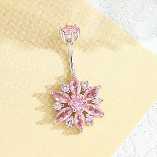 925 sterling silver belly piercing Button Bar Ring pink flower cubic zircon navel piercing jewelry