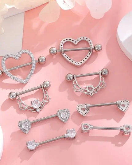 1 Pair/4 Pairs Stainless Steel Shield Bar Barbell Nipple Piercing Jewelry for Women Sexy Heart CZ Crystal Barbell Nipple Rings