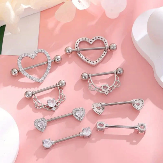 1 Pair/4 Pairs Stainless Steel Shield Bar Barbell Nipple Piercing Jewelry for Women Sexy Heart CZ Crystal Barbell Nipple Rings