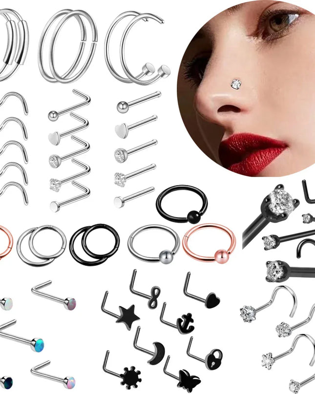 3/4/5/8/10/15/30pcs/lot Fake Nose Studs Ring Piercing Sets L-S-Shaped Curved Nose Rings Pack Steel Star Heart Moon Nose Jewelry