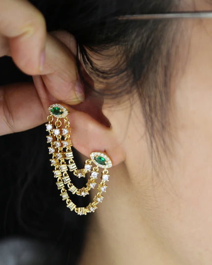 Double Piercing CZ Tassel Chain Earring For Women Fashion Green Evil Eye Two Stud Elegant Female Jewelry