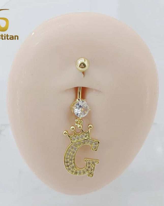A-Z 26 Letter Initial Belly Button Rings 14G Titanium Curved Barbell Golden Zircon Navel Piercing Body Jewelry Women Accessories