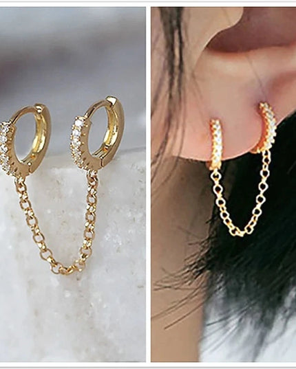 1PCS 925 Sterling Silver Two Hole Piercing Earrings for Women Brilliant Crystal Zircon 2 Metal Color Chain Earring Party Jewelry
