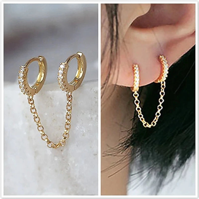 1PCS 925 Sterling Silver Two Hole Piercing Earrings for Women Brilliant Crystal Zircon 2 Metal Color Chain Earring Party Jewelry