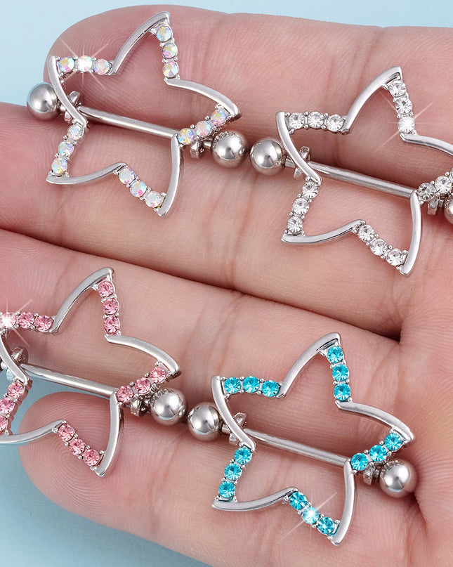 2pcs Nipple Ring Barbell Rhinestone Paved Star Shape Nipplerings Piercing Stainless Steel 14G Nipple Rings Shields Body Piercing