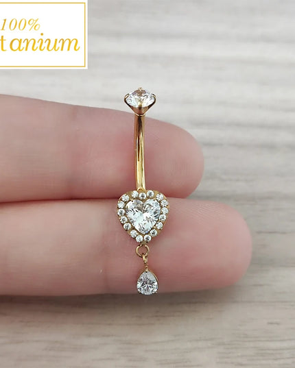 F136 Titanium Zircon Heart Dangle Belly Button Rings 14G CZ Paved Top Threaded Curved Barbell Women Sexy Navel Piercing Jewelry