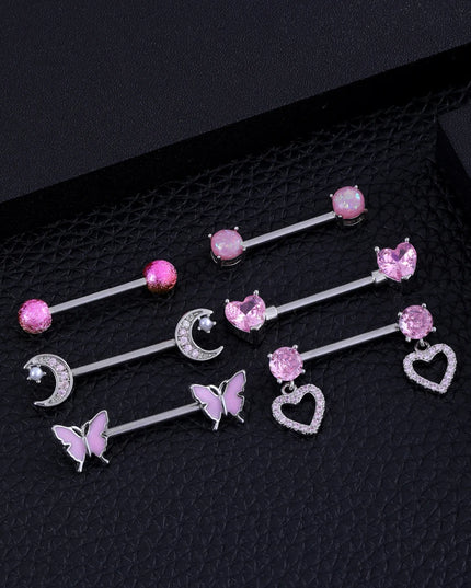 A Pair Cute Heart Dangled Nipple Piercings Barbell for Women Pink Color Moon Butterfly Shaped Sexy Nipple Rings Shield Bar Sets