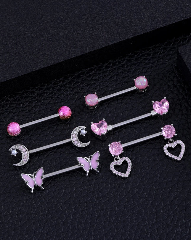 A Pair Cute Heart Dangled Nipple Piercings Barbell for Women Pink Color Moon Butterfly Shaped Sexy Nipple Rings Shield Bar Sets