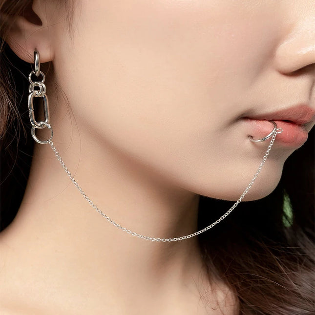 Cool Style Fake Piercing Lip Clip Earring Punk Chain Linked Earrings Hinged Lip Ring For Women Men Fashion Jewelry Accessories