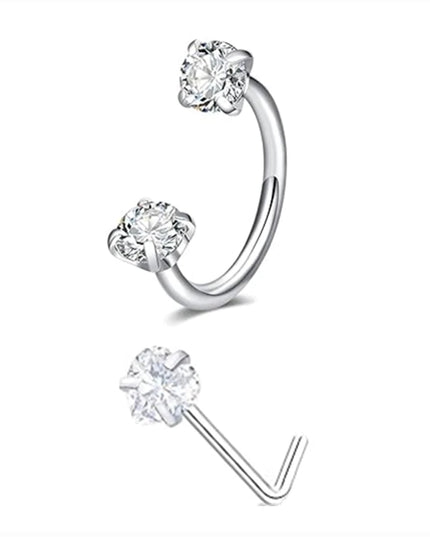 6/2pcs Horseshoe Nose Rings With L-Shape Nose Stud, Stainless Steel Rianbow CZ Nose Ring,, Lip Eyebrow Helix Ear Piercing