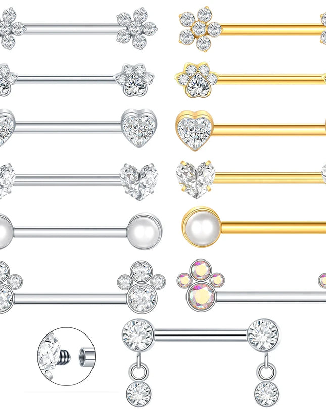 1Pc Titanium Nipple Barbell Piercing Zircon Nipple Ring with Pendant Bar Piercing Internally Threaded Women Body Accessaries
