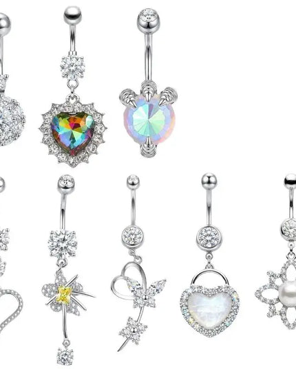 Stainless Steel Dangle Belly Button Rings For Women Shiny Cubic Zirconia Heart Butterfly Flower Navel Piercing Jewelry For Daily