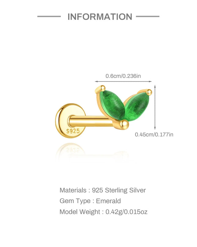 Aide 1PC 925 Sterling Silver 18K Gold Threaded Piercing Earring Women Ins Green Red Colors Zircon  Ear Bone Nail Gift Jewelry