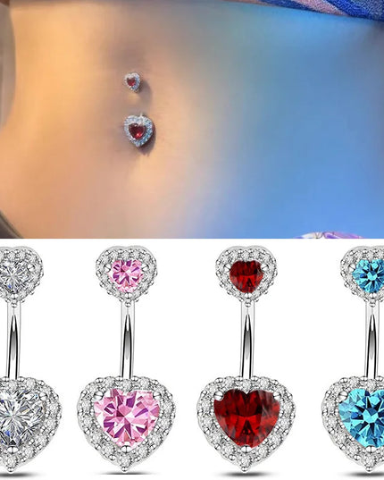Double Heart-Shaped Zircon Belly Button Ring Woman Stainless Steel Navel Ring for Girl Fashion Sexy Body Piercing Jewelry Gifts