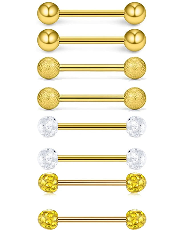 2pcs/8pcs Stainless Steel Nipple Ring Set with Rhinestones Round Balls Piercing For Woman Man Tongue Nail Stud Jewelry