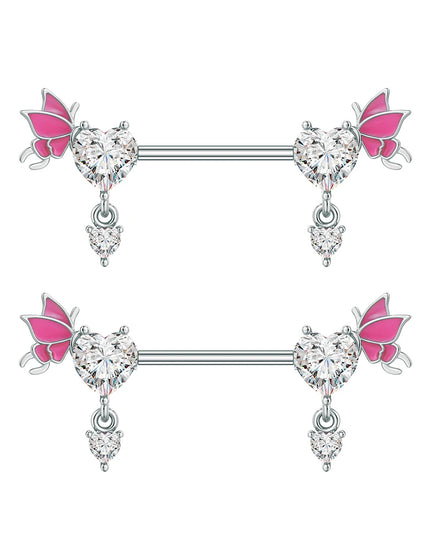 2pcs Lettering Sexy Nipple Piercing Jewelry Buttefly Cat Flower Dangled Stainless Steel Nipple Rings for Women Girls 1.6*16mm