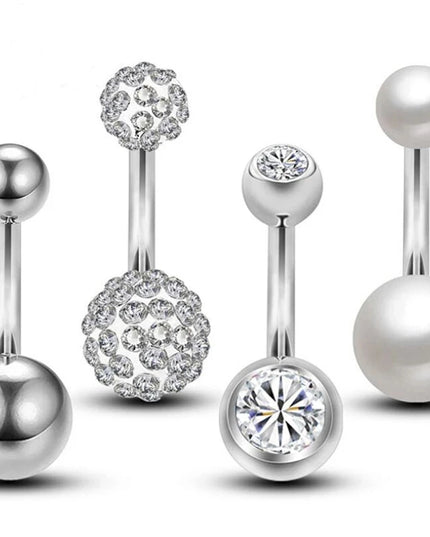 WKOUD 4Pcs Sexy Dangling Navel Belly Button Ring 14G Double Round Cubic Zirconia 316L Surgical Steel Belly Piercing Jewelry