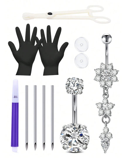 Belly Piercing Kit 12Pcs Belly Button Piercing Kit Includes 2Pcs 14G Belly Button Rings 1Pc Piercing Clamp 4Pc Piercing Needles