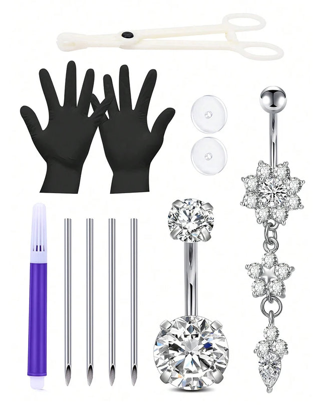 Belly Piercing Kit 12Pcs Belly Button Piercing Kit Includes 2Pcs 14G Belly Button Rings 1Pc Piercing Clamp 4Pc Piercing Needles