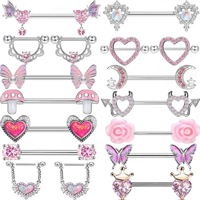 2 Pcs Stainless Steel Pink Nipple Piercing Jewelry Heart Wings Niplple Barbell Moon Devil Nipple Rings Body Piercing Pezon Mujer