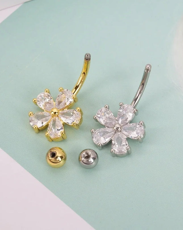 Beach Simple Belly Button Rings Stainless Steel Flower Navel Ring Crystal Zircon Body Piercing Jewelry For Women