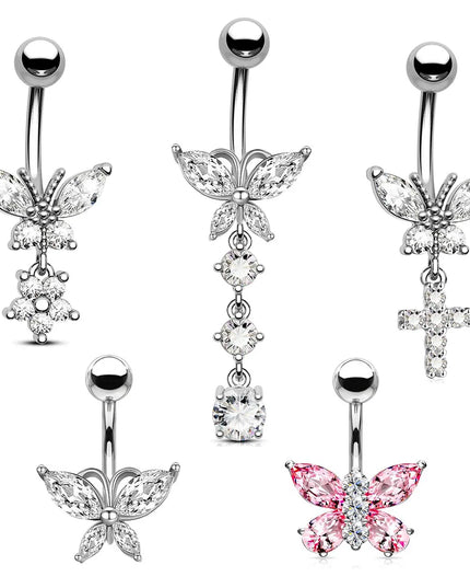 316L Stainless Steel Belly Button Ring Set Gold Color Butterfly Flower Heart Dangle Navel Piercing Jewelry for Women Fashion Bel