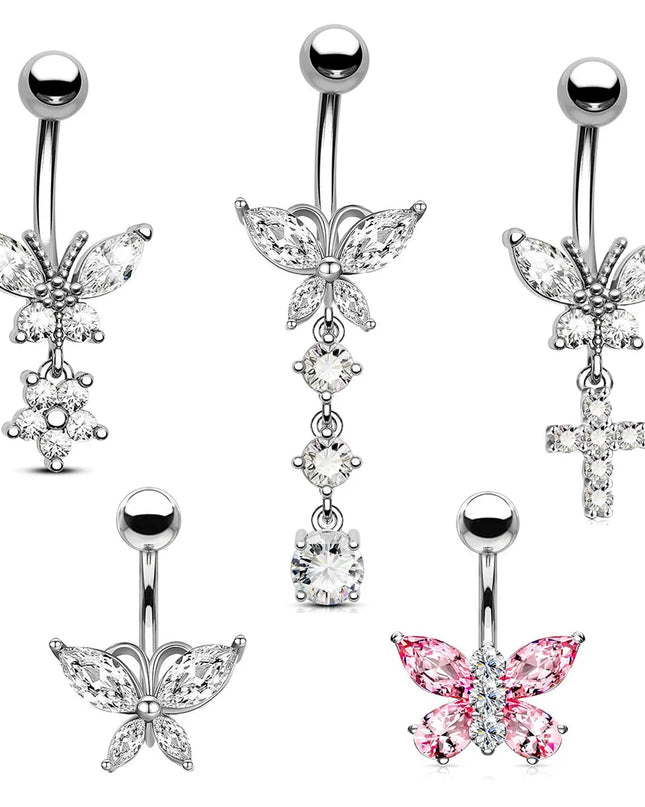 316L Stainless Steel Belly Button Ring Set Gold Color Butterfly Flower Heart Dangle Navel Piercing Jewelry for Women Fashion Bel