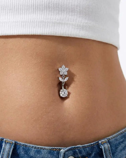 1 Pcs Stainless Steel Belly Button Rings With Shiny Butterfly Flower Dangle For Daily Wear Beach Party Piercing Jewelry Gift