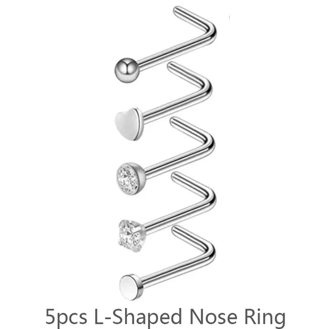 3/4/5/8/10/15/30pcs/lot Fake Nose Studs Ring Piercing Sets L-S-Shaped Curved Nose Rings Pack Steel Star Heart Moon Nose Jewelry