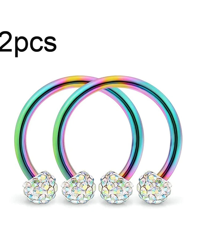 WKOUD 2pcs Crystal & Ball Nose Septum Horseshoe Earring Eyebrow Lip Helix Tragus Cartilage Piercing Ring 8mm