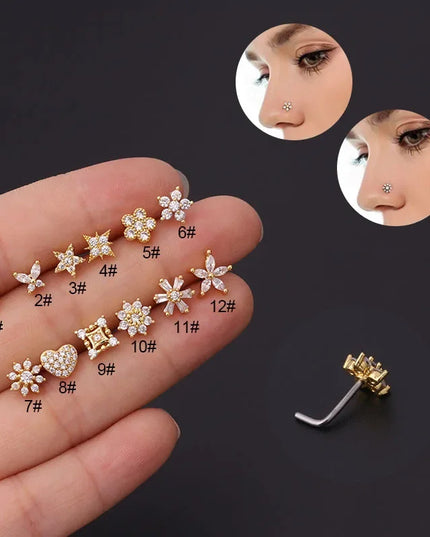 Gold/Silver Nose Rings Studs for Women, 20G Surgical Steel Hypoallergenic Nose Ring L Shaped Hypoallergenic CZ Piercing Jewelry
