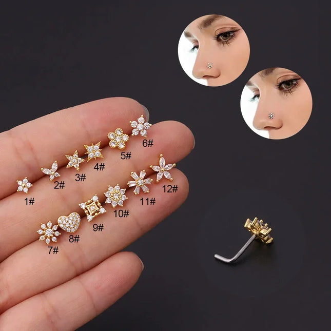 Gold/Silver Nose Rings Studs for Women, 20G Surgical Steel Hypoallergenic Nose Ring L Shaped Hypoallergenic CZ Piercing Jewelry