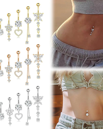 Dangle Belly Button Rings, 14G 316L Stainless Surgical Steel Cubic Zirconia Butterfly Heart Navel Ring Piercing Jewelry Barbells