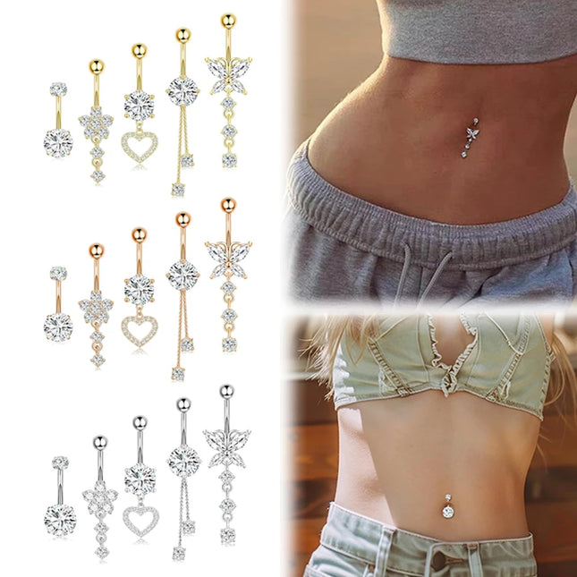 Dangle Belly Button Rings, 14G 316L Stainless Surgical Steel Cubic Zirconia Butterfly Heart Navel Ring Piercing Jewelry Barbells