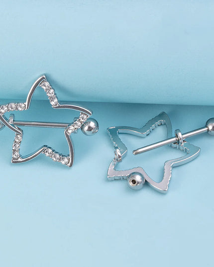 2pcs Nipple Ring Barbell Rhinestone Paved Star Shape Nipplerings Piercing Stainless Steel 14G Nipple Rings Shields Body Piercing