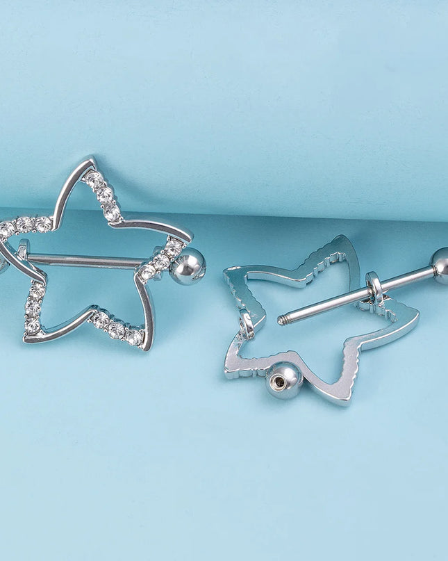 2pcs Nipple Ring Barbell Rhinestone Paved Star Shape Nipplerings Piercing Stainless Steel 14G Nipple Rings Shields Body Piercing