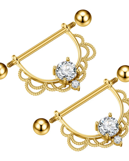 2PCS Both Sides Screwed Heart Nipple Piercings 5 Crystal CZs Nipple Ring Nipple Shield Barbell for Women Body Piercing Nombril