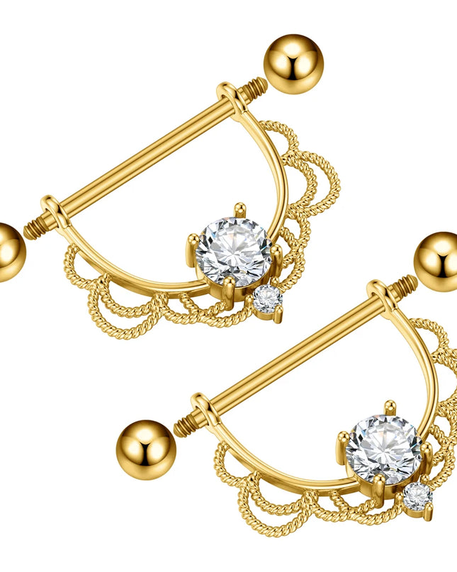 2PCS Both Sides Screwed Heart Nipple Piercings 5 Crystal CZs Nipple Ring Nipple Shield Barbell for Women Body Piercing Nombril
