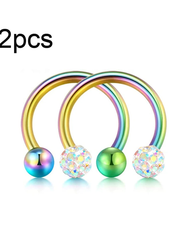 WKOUD 2pcs Crystal & Ball Nose Septum Horseshoe Earring Eyebrow Lip Helix Tragus Cartilage Piercing Ring 8mm