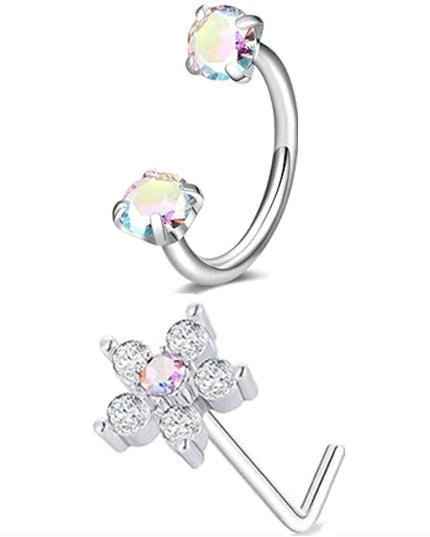 6/2pcs Horseshoe Nose Rings With L-Shape Nose Stud, Stainless Steel Rianbow CZ Nose Ring,, Lip Eyebrow Helix Ear Piercing