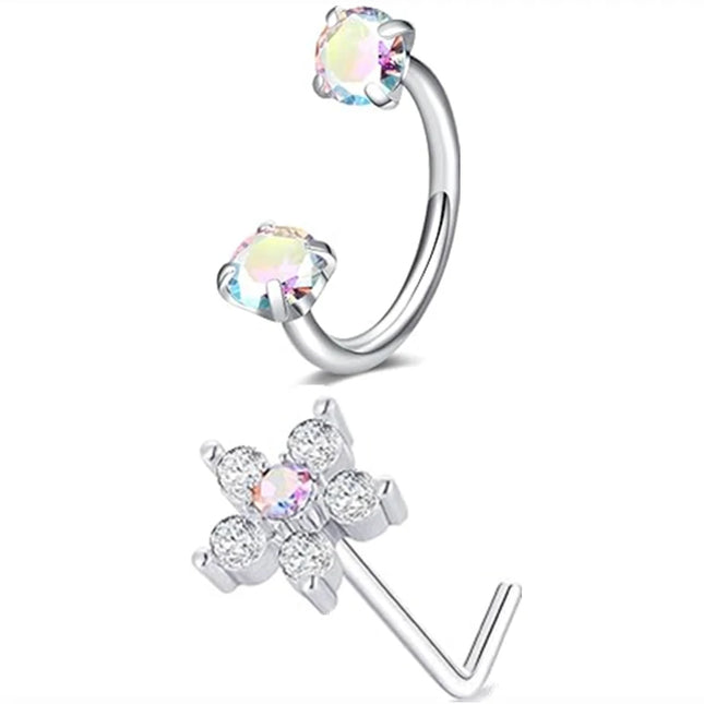 6/2pcs Horseshoe Nose Rings With L-Shape Nose Stud, Stainless Steel Rianbow CZ Nose Ring,, Lip Eyebrow Helix Ear Piercing