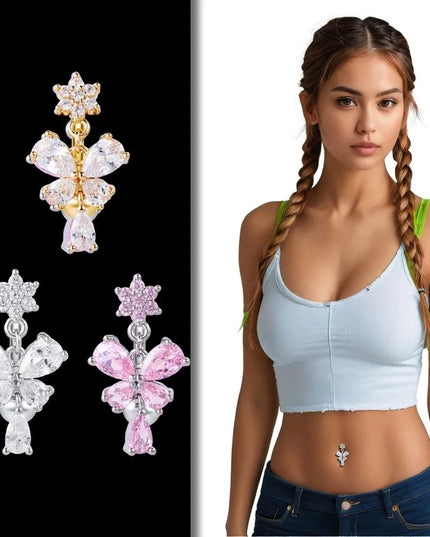 Zircon Bow Belly Button Rings Flower Head Butterfly Design Dangle Belly Rings 316 Stainless Steel Cute Reversed Navel Rings