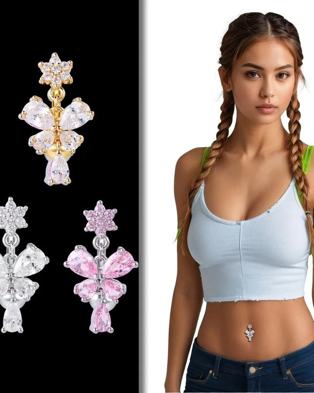 Zircon Bow Belly Button Rings Flower Head Butterfly Design Dangle Belly Rings 316 Stainless Steel Cute Reversed Navel Rings